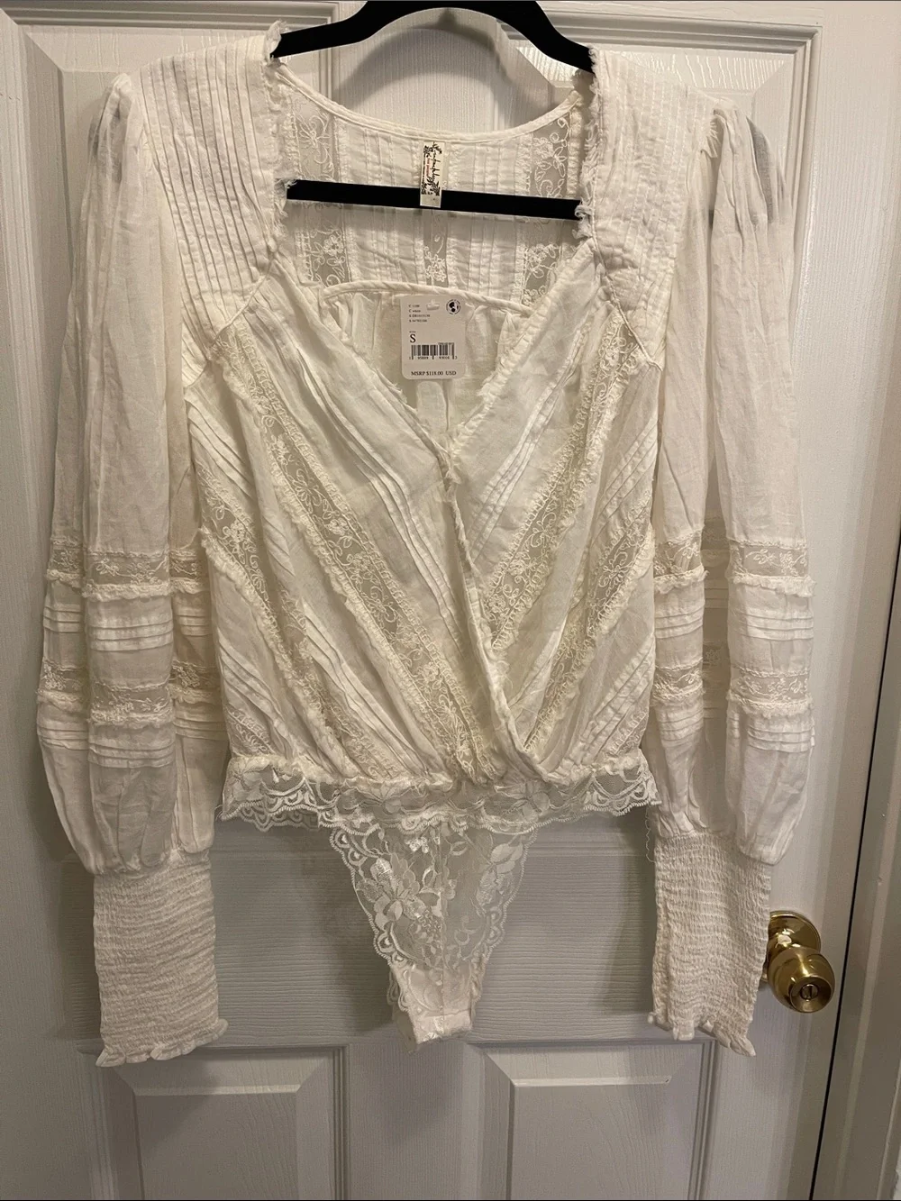 Free People Cream Lace-Trim Wrap Bodysuit Top